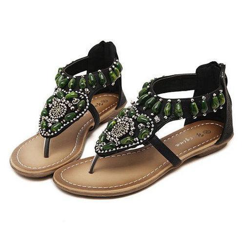 Green Rhinestone Bohemia Clip Toe Zipper Retro Sandals