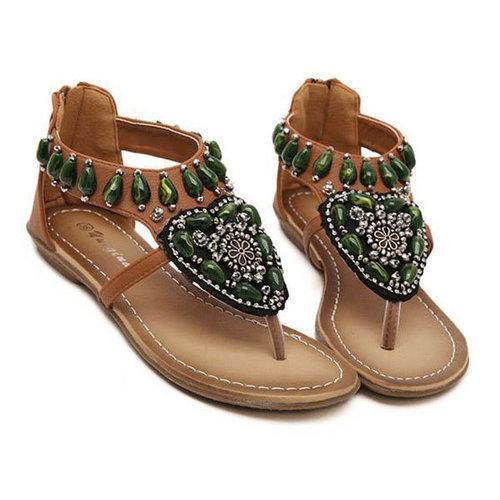 Green Rhinestone Bohemia Clip Toe Zipper Retro Sandals