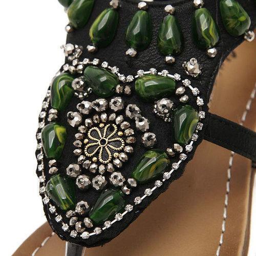 Green Rhinestone Bohemia Clip Toe Zipper Retro Sandals