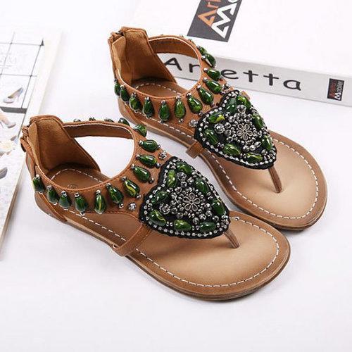 Green Rhinestone Bohemia Clip Toe Zipper Retro Sandals