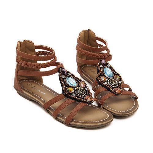 Rhinestone Woven Peep Toe Strappy Zipper Retro Sandals