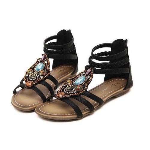 Rhinestone Woven Peep Toe Strappy Zipper Retro Sandals