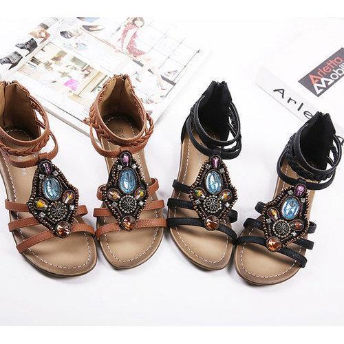 Rhinestone Woven Peep Toe Strappy Zipper Retro Sandals