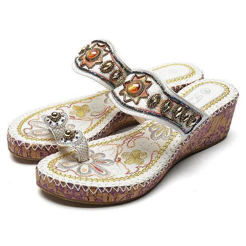 Sun Rhinestone Clip Toe Wedge Heel Flower Bohemia Sandals