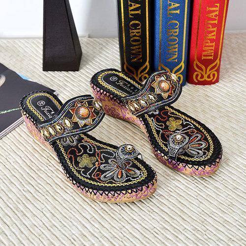 Sun Rhinestone Clip Toe Wedge Heel Flower Bohemia Sandals