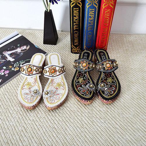 Sun Rhinestone Clip Toe Wedge Heel Flower Bohemia Sandals