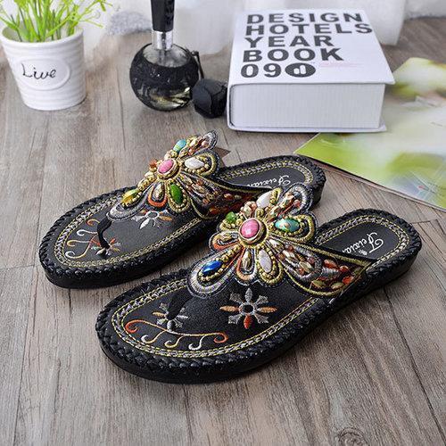 Bohemia Floral Rhinestone Beaded Clip Toe Flat Sandals For Women