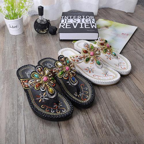 Bohemia Floral Rhinestone Beaded Clip Toe Flat Sandals For Women