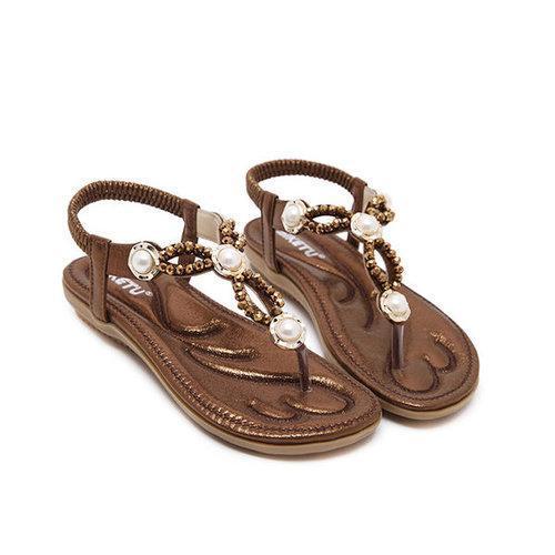 Large Size Beaded Rhinestone Clip Toe Elastic Slip On Sandals