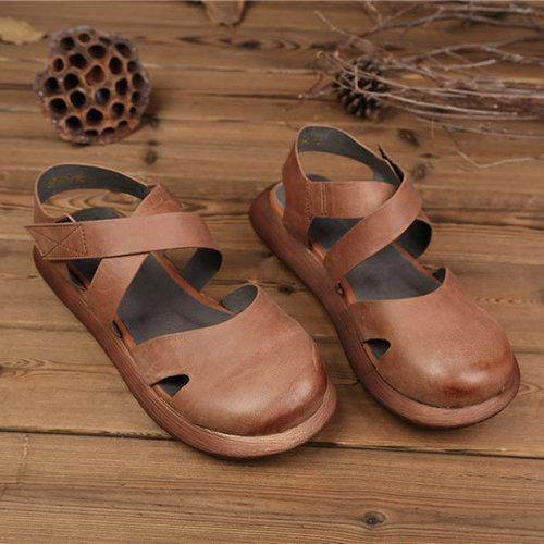 SOCOFY Hollow Out Pure Color Handmade Leather Retro Sandals