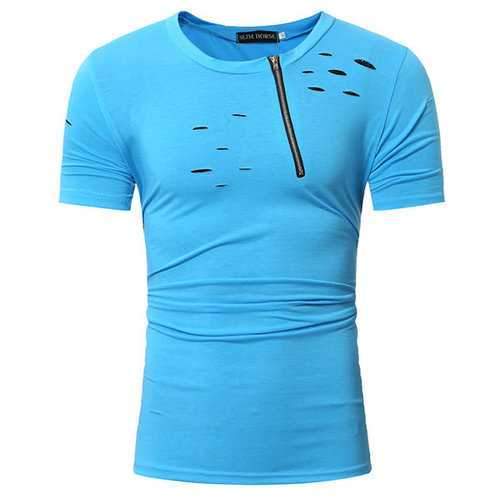 Mens Summer Solid Color Decorative Holes & Zipper Opening O-neck Short Sleeve Casual T-shirt