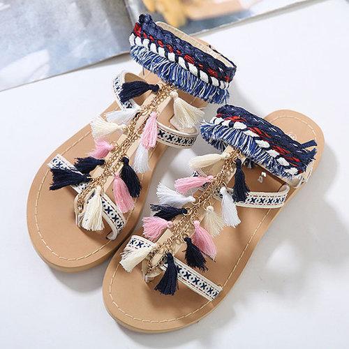 Bohemia Colorful Tassel Peep Toe Buckle Flat Sandals