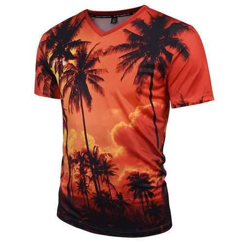 Mens Summer Creative 3D Dusk Coconut Trees Printed V-neck Short Sleeve Casual T-shirt