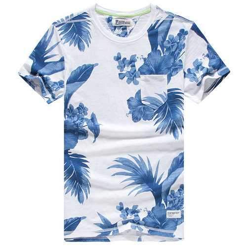 Summer Casual Cotton Tee Top Floral Printed Round Neck Short Sleeve T-shirts for Men