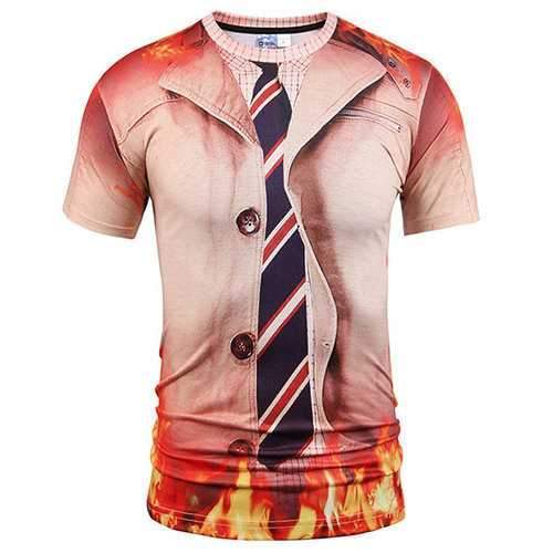 Mens Creative 3D Printed Fake Two Pieces Round Neck Short Sleeve Casual T-shirt