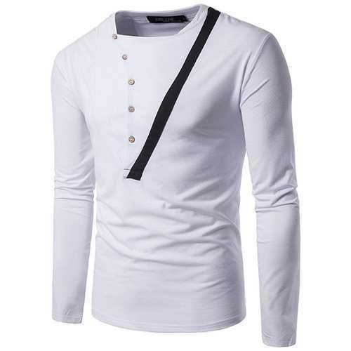 Mens Retro Hit Color Buttons Half-cardigan Casual T-shirt O-neck Long Sleeve Cotton Tops