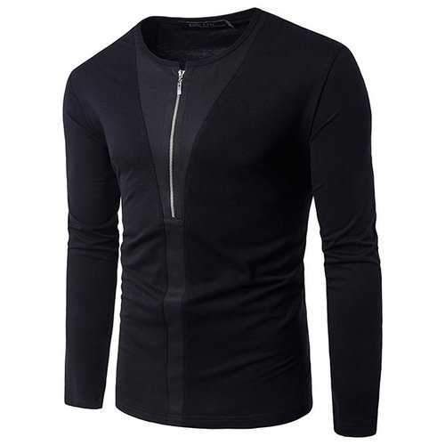 Mens Solid Color Zipper Half-cardigan Casual T-shirt O-neck Long Sleeve Cotton Tops