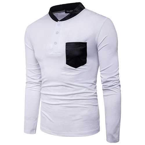 Mens Lmitation Leather Stand Collar Front Pocket Buttons Long Sleeve Casual Cotton T-shirt