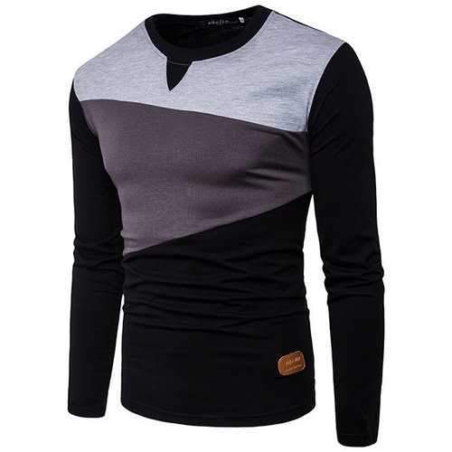 Mens Stylish Hit Color O-neck Long Sleeve Casual Cotton T-shirt