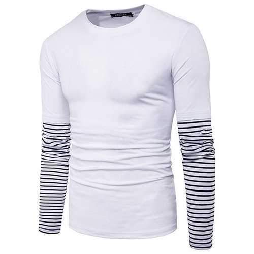 Mens Stylish Striped Printed Sleeve O-neck Long Sleeve Casual Cotton T-shirt