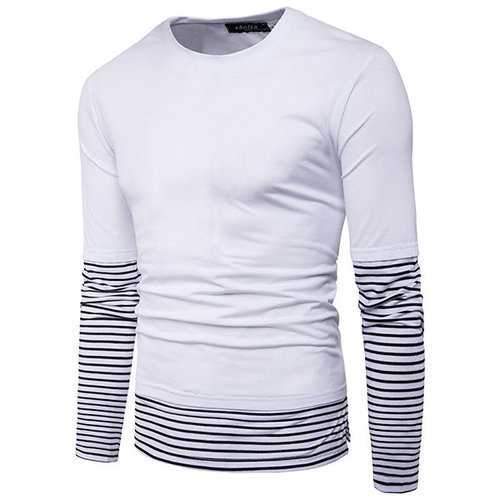 Mens Stylish Patchwork Fake Two Pieces O-neck Long Sleeve Casual Cotton T-shirt