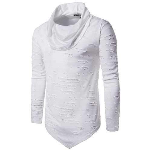 Mens Hip-Hop Holes Pile Heap Collar Irregular Hem Solid Color Long Sleeve Casual Cotton T-shirt