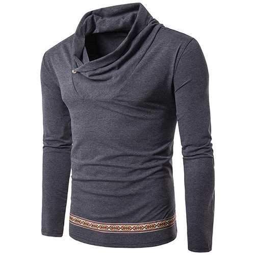 Mens National Style Printed Hem Pile Heap Collar High Collar Long Sleeve Casual Cotton T-shirt