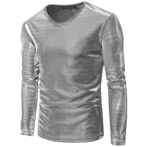 Mens Fashion Personalized Nightclub Solid Color Long Sleeve Bright Casual T-shirt