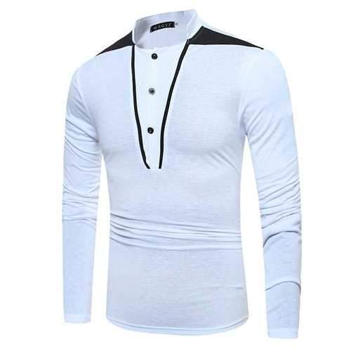 Mens Fashion Patchwork Button Long Sleeve Stand Collar Cotton Casual T-Shirt