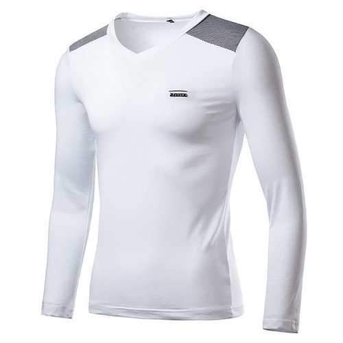 Mens Fashion Slim Color Block V-neck Long Sleeve Casual T-Shirt
