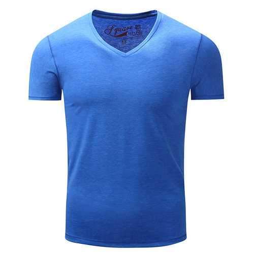 Mens Summer Brief Style Solid Color Basic Tops V-neck Short Sleeve Casual Cotton T-shirt