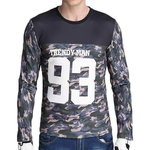 Mens Camo Fashion Numeric Letter Front  Crew Collar Long Sleeve Casual T-shirt