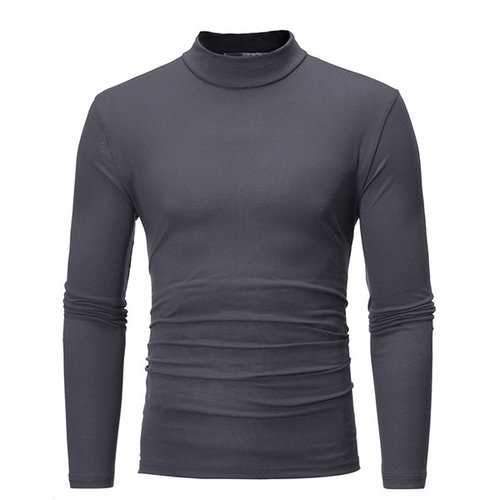 Mens Fall Winter Brief Style Solid Color Stand Collar Long Sleeve Casual T-shirt