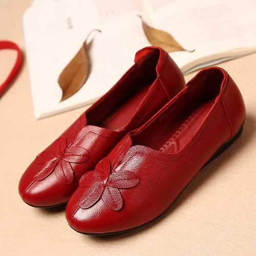 Flower Leather Pure Color Slip On Casual Loafers