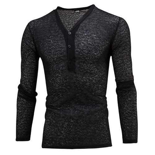Mens Breathable Buttons Half-cardigan Solid Color V-neck Long Sleeve Thin Casual T-shirt