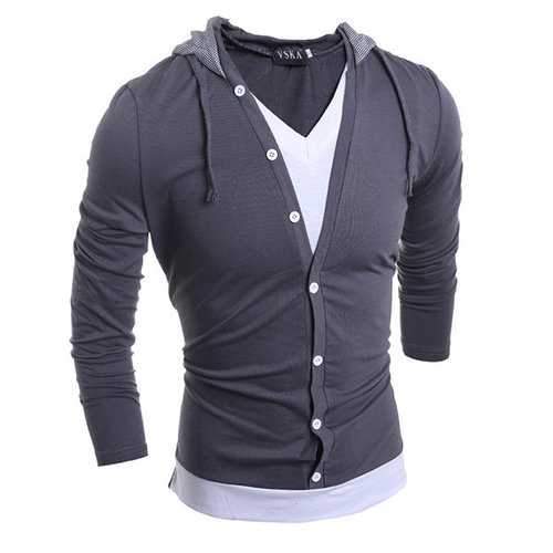 Slim Fit Multi-Button Hooded Long-Sleeved T-Shirt