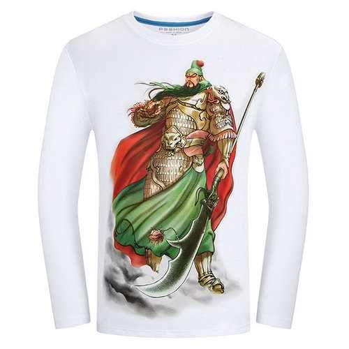 Mens Guan Gong Printing Cotton Long Sleeve T-shirt