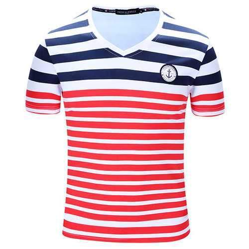 100% Cotton Striped Printing  V-Neck T-Shirt