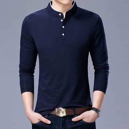 Mens Coton Stand Collar Long Sleeve T-Shirt