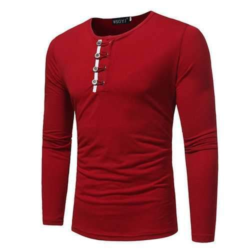 Mens Button Decoration Solid Color Casual Cotton T-shirt