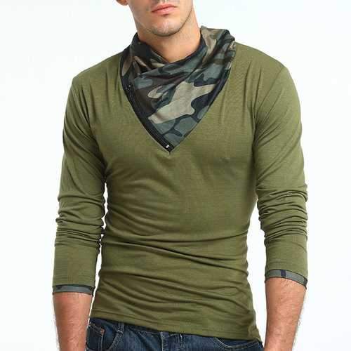 Mens Fall Patchwork Camouflage Collar Casual T-shirt
