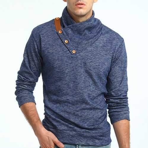 Mens Oblique Button Decoration Solid Color T-shirt