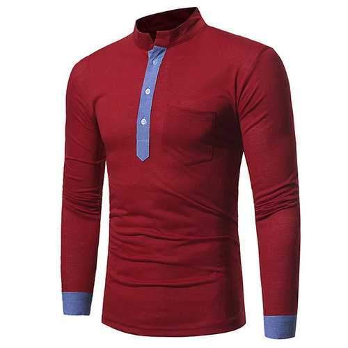 Brief Stand Collar Long Sleeve Cotton T-shirt