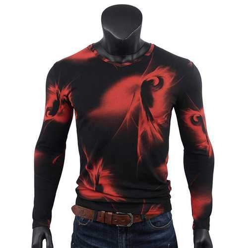 Mens Creative Printing Slim Fit V-Neck Long Sleeve T-Shirt