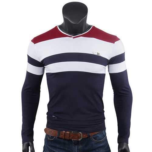 Mens Contrast Color Slim Fit V-Neck Long Sleeve T-Shirt