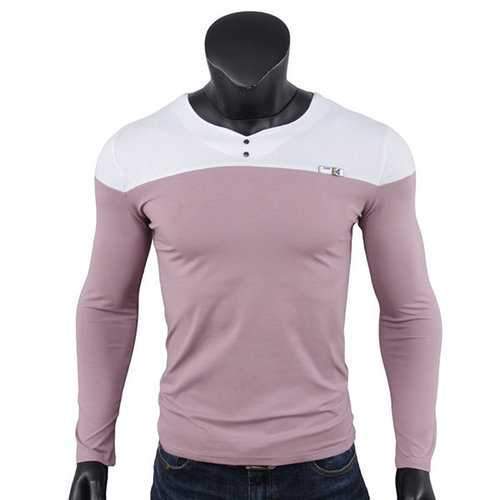 Mens Contrast Color Slim Fit V-Neck Long Sleeve T-Shirt