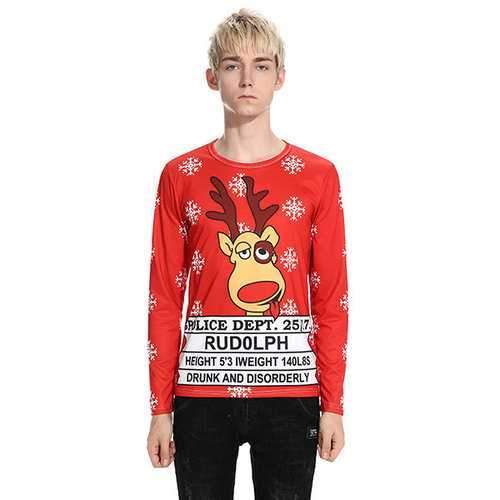 Mens Christmas Tops Elk Printing Long Sleeve T-Shirt