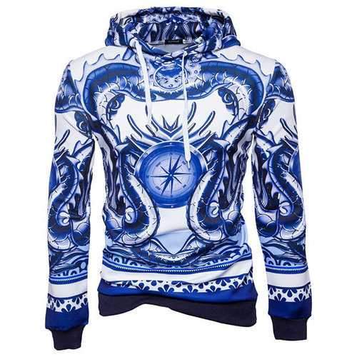 Mens Cotton Blue and White Porcelain Hoodie