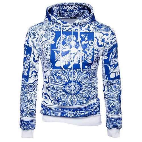 Mens Cotton Blue and White Porcelain Casual Hoodie