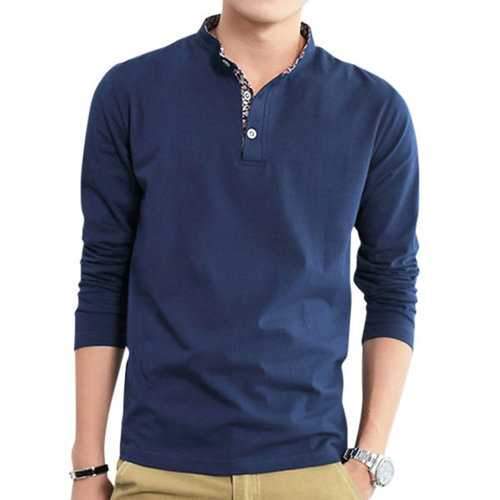 Mens Fashion Stand Collar Solid Long Sleeve T-shirt